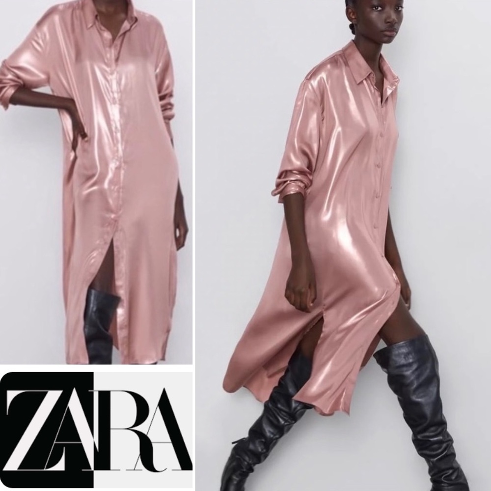 Zara Satin Midi Shirt Dress in Rose Gold